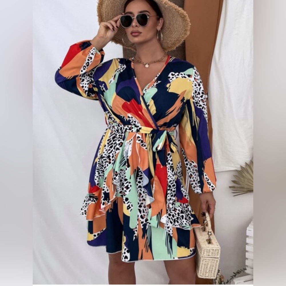 Colorful Abstract Wrap Dress with Belt